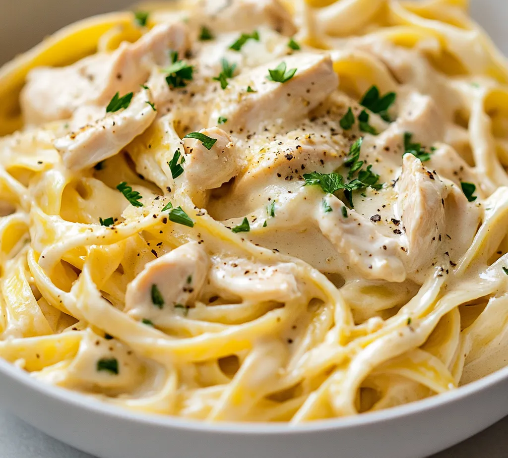 Garlic Parmesan Chicken Fettuccine Delight is a rich and creamy dish that beautifully marries tender chicken with the delightful flavors of garlic and Parmesan cheese. This comforting pasta dish highlights the creamy texture of heavy cream, enhanced by the aromatic essence of sautéed garlic and a sprinkle of Italian herbs. It's a dish that appeals to a range of palates, making it a perfect dinner option for families, casual gatherings, or even date nights.