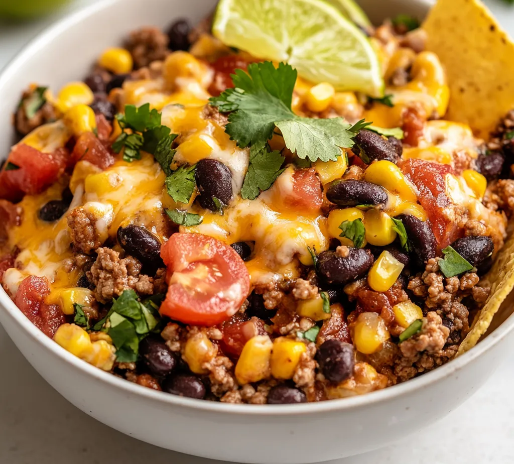 Dive into the flavors of a One-Pan Taco Skillet Fiesta, where ease meets deliciousness. This dish marries the classic comforts of tacos with the convenience of a one-pan meal, making it an ideal choice for busy weeknights or cozy get-togethers. With a vibrant combination of seasoned ground meat, vegetables, and rice, every bite delivers a fiesta's worth of taste and texture.
