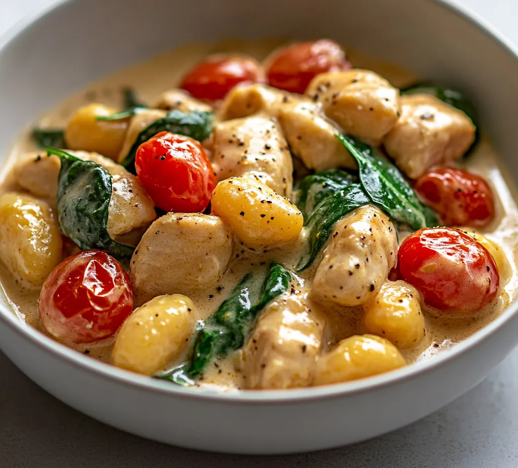 This One-Pan Creamy Garlic Chicken Gnocchi Delight is a rich and satisfying dish that seamlessly combines flavorful chicken, pillowy gnocchi, and vibrant vegetables. It's not just a meal; it's an experience characterized by the creamy sauce infused with garlic and herbs that elevate the dish to a comforting culinary delight. The combination of tender chicken and soft, chewy gnocchi makes for a unique texture, while the sauce ties everything together beautifully.