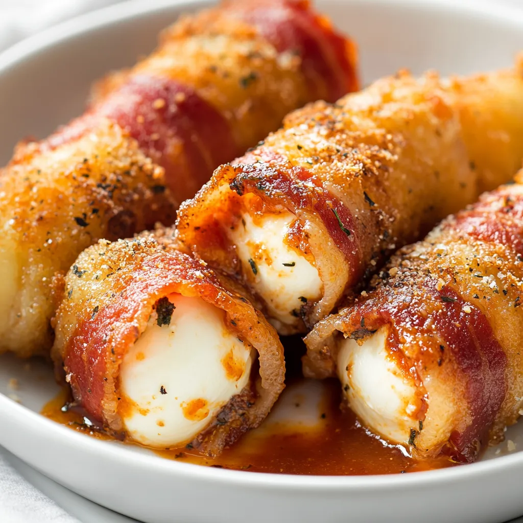 Nashville Hot Bacon-Wrapped Mozzarella Sticks are an irresistible fusion of flavor and texture that combines the warmth of gooey cheese with the delightfully crispy crunch of bacon. Inspired by the fiery kick of Nashville hot chicken, these mozzarella sticks immerse your palate in a decadent experience that is as much about the spice as it is about the cheese. They offer a flavor-packed punch that will make your taste buds dance with joy.