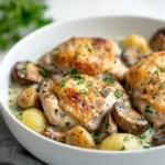 Herb-Infused Roasted Chicken with Creamy Mushroom and Potato Medley is an inviting and comforting dish that seamlessly blends wholesome ingredients to create a delightful culinary experience. The aromatic herbed chicken thighs, perfectly roasted, serve as the centerpiece of the meal, while the creamy mushroom and potato medley enhances the flavors and adds a rich, creamy texture to each bite. This dish is not just about feeding the family; it's an experience that transforms a simple gathering into a memorable occasion.