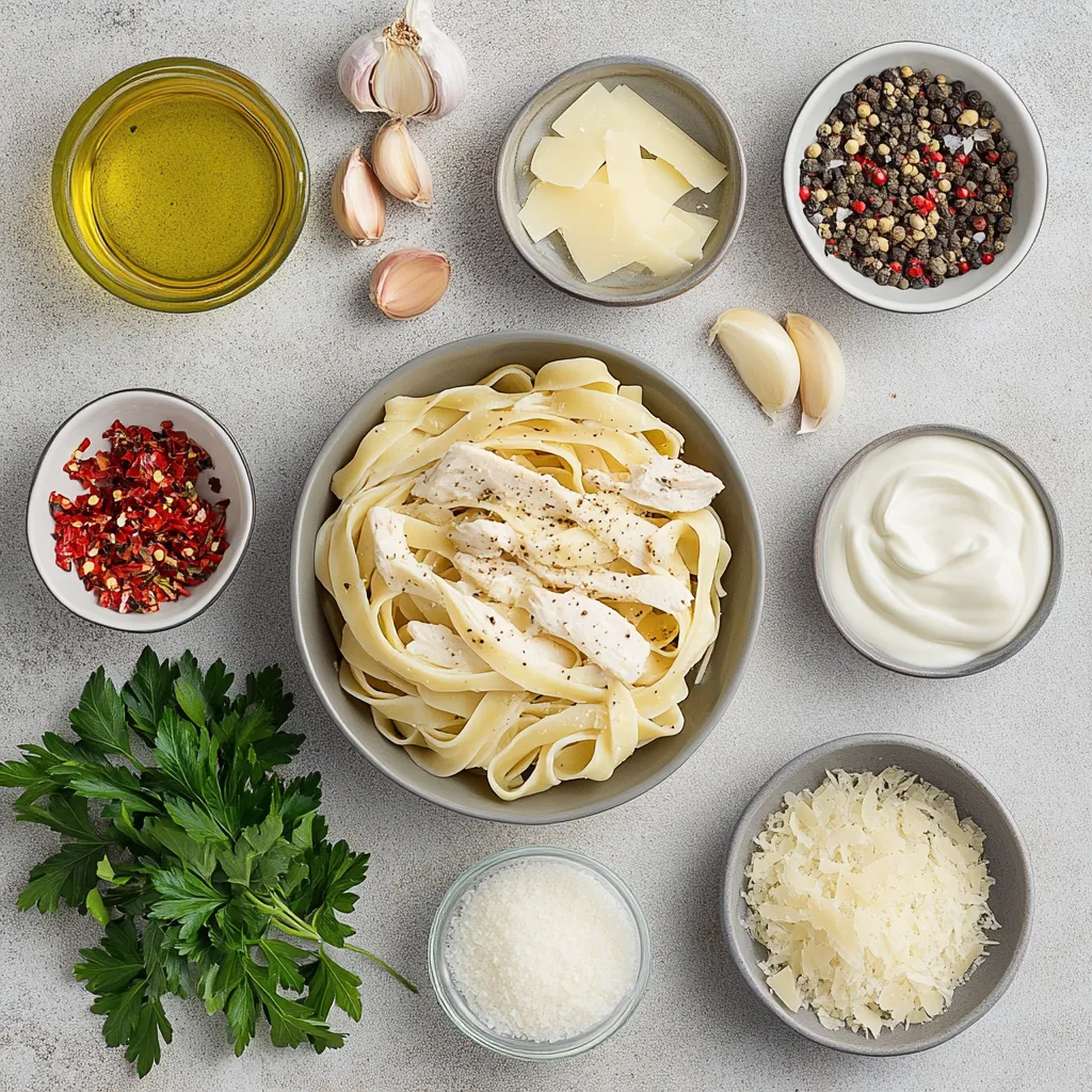 Garlic Parmesan Chicken Fettuccine Delight is a rich and creamy dish that beautifully marries tender chicken with the delightful flavors of garlic and Parmesan cheese. This comforting pasta dish highlights the creamy texture of heavy cream, enhanced by the aromatic essence of sautéed garlic and a sprinkle of Italian herbs. It's a dish that appeals to a range of palates, making it a perfect dinner option for families, casual gatherings, or even date nights.