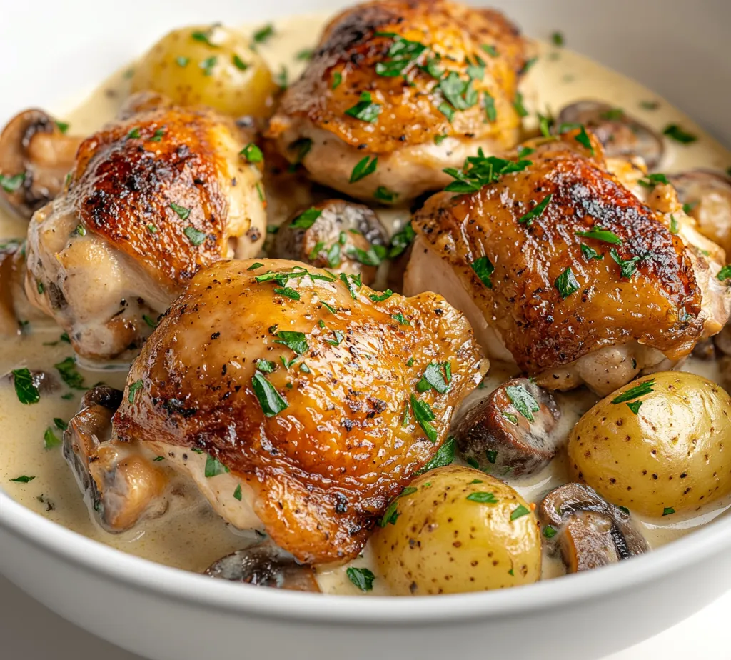 Herb-Infused Roasted Chicken with Creamy Mushroom and Potato Medley is an inviting and comforting dish that seamlessly blends wholesome ingredients to create a delightful culinary experience. The aromatic herbed chicken thighs, perfectly roasted, serve as the centerpiece of the meal, while the creamy mushroom and potato medley enhances the flavors and adds a rich, creamy texture to each bite. This dish is not just about feeding the family; it's an experience that transforms a simple gathering into a memorable occasion.