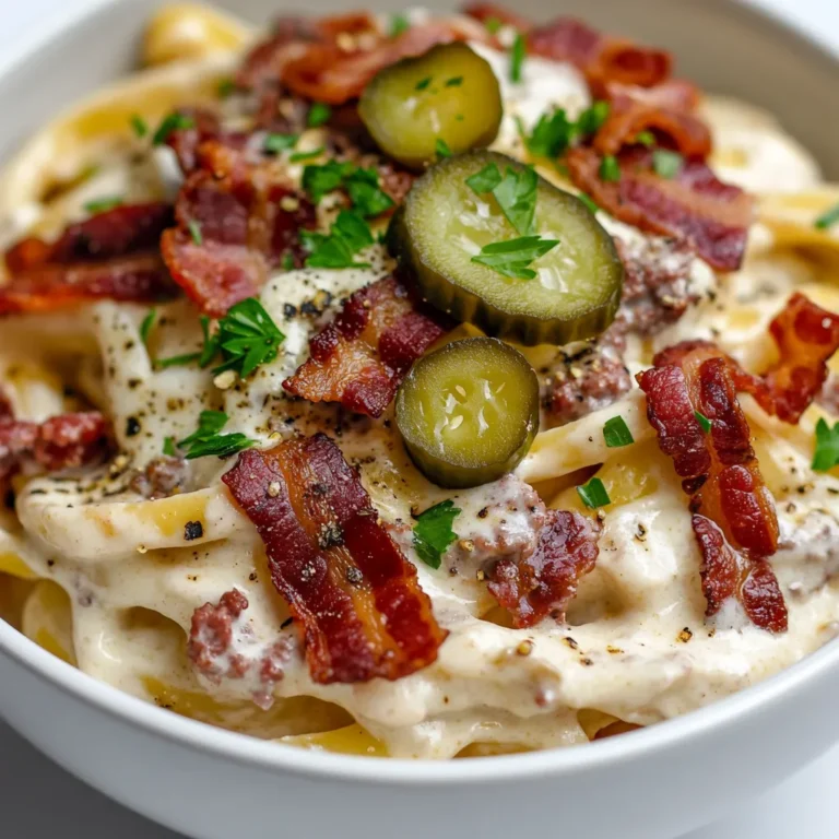 The Loaded Bacon Cheeseburger Alfredo Pasta is a luxurious twist on traditional comfort food, combining the rich flavors of cheeseburgers with creamy Alfredo pasta. This dish delights the senses with every creamy, cheesy bite, making it a perfect choice for family dinners or a cozy night in. Imagine the savory notes of ground beef mixed with the indulgent flavors of crispy bacon and rich cheeses, all encapsulated in a velvety sauce that clings to every strand of fettuccine. It’s not just a plate of pasta; it’s a meal designed to satisfy cravings and bring warmth to the table.