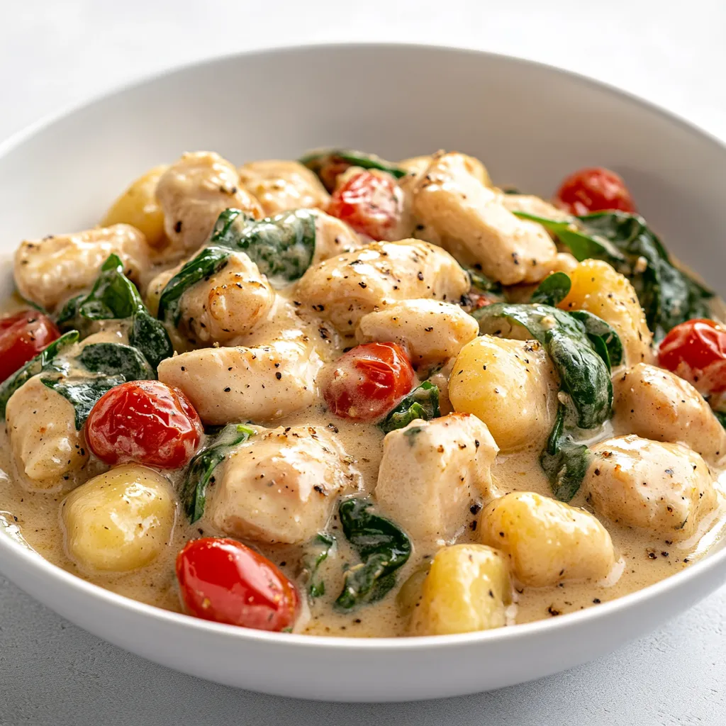 This One-Pan Creamy Garlic Chicken Gnocchi Delight is a rich and satisfying dish that seamlessly combines flavorful chicken, pillowy gnocchi, and vibrant vegetables. It's not just a meal; it's an experience characterized by the creamy sauce infused with garlic and herbs that elevate the dish to a comforting culinary delight. The combination of tender chicken and soft, chewy gnocchi makes for a unique texture, while the sauce ties everything together beautifully.