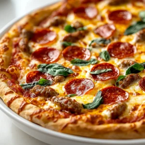 Explore the ultimate comfort food with the Sizzling Sausage and Pepperoni Comfort Pie. This savory dish, with its mouthwatering combination of Italian sausage, pepperoni, and a medley of vegetables, makes for the perfect family meal, party dish, or cozy night in. The warmth of baked cheese and the satisfying crunch of pie crust create a delightful harmony of flavors and textures, sure to please everyone at the table.