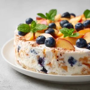 The No-Bake Peach Blueberry Cheesecake Delight is an exquisite dessert that harmoniously combines creamy cheesecake with vibrant fresh fruits. This light and airy treat is perfect for summer gatherings, potlucks, or any occasion where you want to impress guests with minimal effort. The tartness of fresh blueberries perfectly complements the sweetness of juicy peaches, creating a delightful balance that will leave your taste buds yearning for more.
