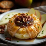 Heavenly Baked Brie with Fig Jam and Pecans is a dish that encapsulates the art of combining savory, sweet, and crunchy elements into one delightful appetizer. This dish features a round of Brie cheese wrapped in golden puff pastry, lavishly adorned with fig jam, coarsely chopped pecans, and a touch of honey. With its warm, melty cheese, sweet fruitiness from the jam, and nutty crunch, it is an impressive starter that captivates the senses and delights your palate.