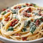 Creamy Spinach and Sun-Dried Tomato Spaghetti Delight is a comforting yet elegant pasta dish that brings together a symphony of flavors. The combination of fresh spinach, rich sun-dried tomatoes, and a luscious cream sauce creates a delightful meal that can easily be enjoyed on a relaxed weeknight or served during a gathering with friends or family. This dish is a fantastic option for those looking for a quick, easy-to-prepare recipe without sacrificing taste or texture.