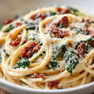 Creamy Spinach and Sun-Dried Tomato Spaghetti Delight is a comforting yet elegant pasta dish that brings together a symphony of flavors. The combination of fresh spinach, rich sun-dried tomatoes, and a luscious cream sauce creates a delightful meal that can easily be enjoyed on a relaxed weeknight or served during a gathering with friends or family. This dish is a fantastic option for those looking for a quick, easy-to-prepare recipe without sacrificing taste or texture.