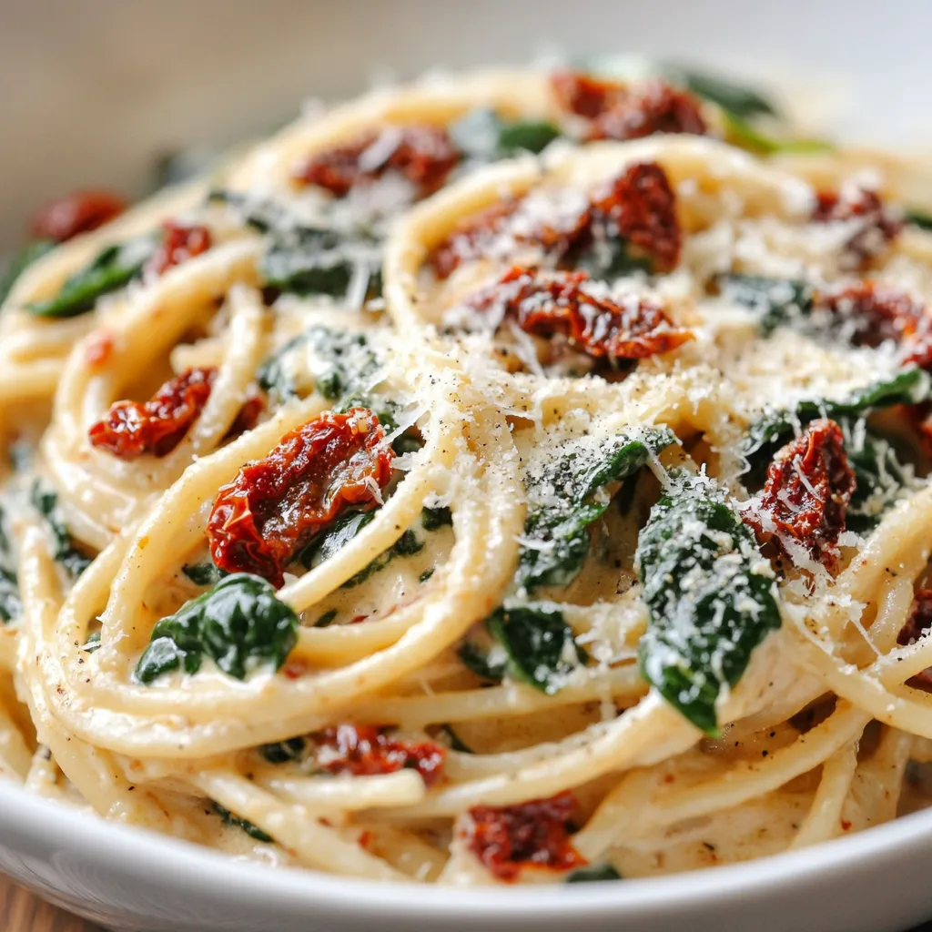 Creamy Spinach and Sun-Dried Tomato Spaghetti Delight is a comforting yet elegant pasta dish that brings together a symphony of flavors. The combination of fresh spinach, rich sun-dried tomatoes, and a luscious cream sauce creates a delightful meal that can easily be enjoyed on a relaxed weeknight or served during a gathering with friends or family. This dish is a fantastic option for those looking for a quick, easy-to-prepare recipe without sacrificing taste or texture.
