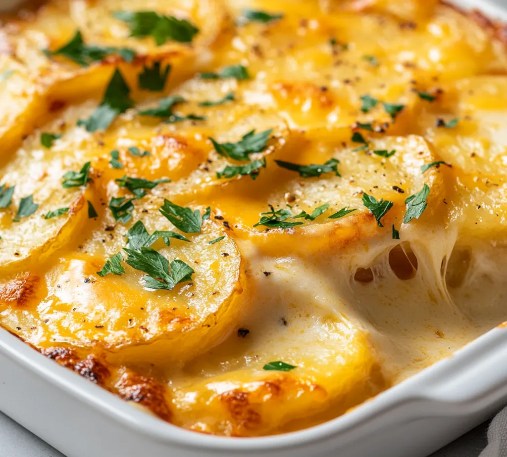 Savory Cheesy Scalloped Potatoes is a dish that embodies comfort food at its finest. With layers of thinly sliced russet potatoes enveloped in a rich, creamy mixture, this recipe is nothing short of a family favorite. As the potatoes bake, they absorb the flavors of sharp cheddar cheese, heavy cream, and aromatic garlic and onion, resulting in a delightful harmony of taste and texture. The final touch of a golden, bubbly topping adds an irresistible allure that will have everyone reaching for seconds.