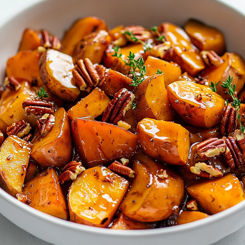 The cozy and comforting flavors of fall come alive in the Maple-Glazed Sweet Potato and Apple Bake. This vibrant dish combines the earthy sweetness of sweet potatoes with the tart crispness of apples, all enveloped in a luscious maple glaze. The warm hues of roasted sweet potatoes and baked apples create an inviting visual, making it a centerpiece sure to delight at any gathering. The dish combines both nutrition and taste, making it ideal for family dinners, potlucks, or holiday feasts.