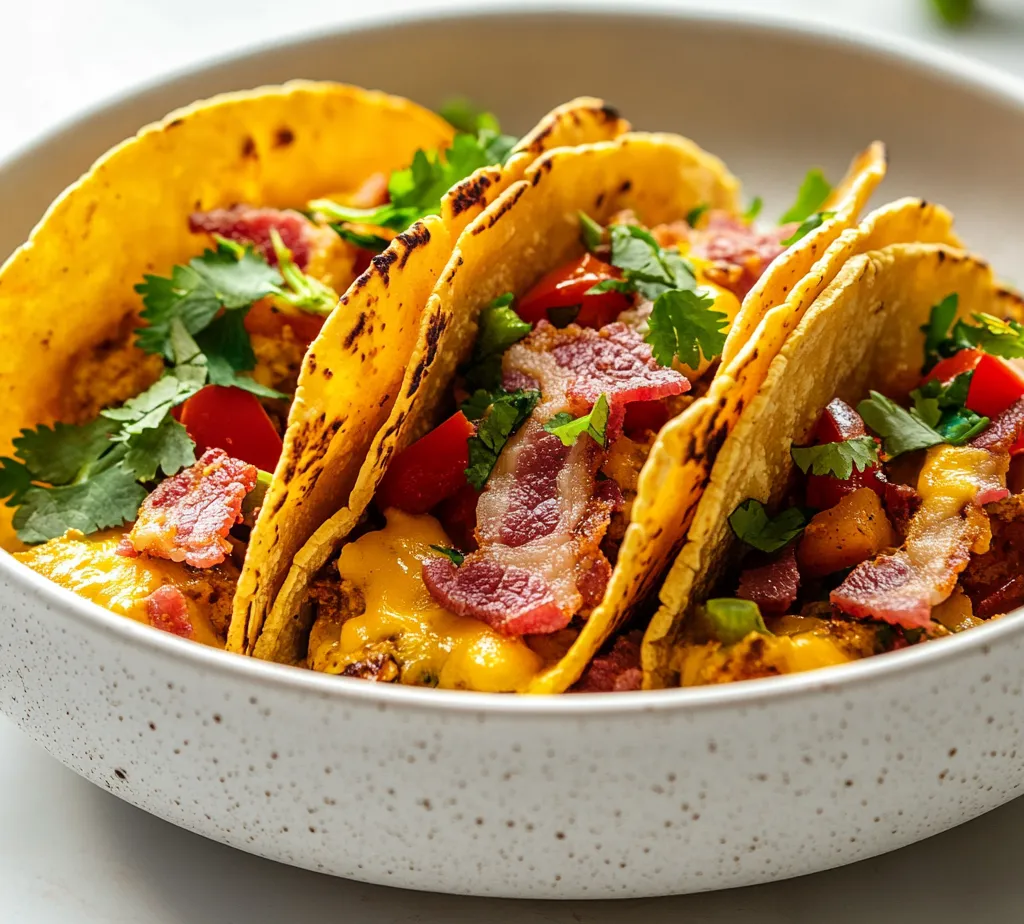 The allure of breakfast tacos has captivated food lovers everywhere, and this delightfully savory baked breakfast taco recipe combines the rich flavors of crispy bacon, fluffy eggs, and melted cheese. Perfect for family breakfasts or brunch gatherings, these breakfast tacos are easy to make, flavorful, and visually appealing. With a combination of textures—from the crispy tortillas to the creamy cheese—each bite offers a satisfying experience that is both filling and comforting.