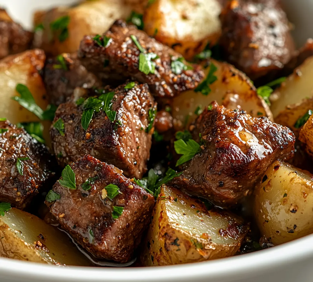 Delight in the rich flavors of Sizzling Garlic Steak Bites with Crispy Baby Potatoes. This dish combines tender, flavorful sirloin steak with golden-brown baby potatoes, all elevated by a fragrant garlic infusion. The sirloin steak is seasoned to perfection, seared to achieve a beautiful crust, and paired with crispy, melt-in-your-mouth potatoes, creating a delightful contrast of textures and tastes. Ideal for weeknight dinners, this recipe promises a satisfying and quick meal that's perfect for the whole family.