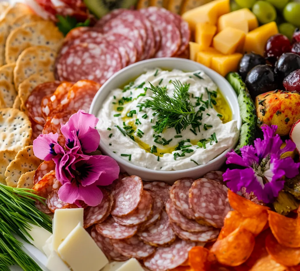 Explore the art of assembling a stunning Floral Charcuterie Board with Meat Blossoms. This delightful recipe combines savory deli meats, creamy cheese spreads, and fresh fruits, all presented beautifully for a visually captivating appetizer or snack. It showcases the ideal balance of flavors and textures, making it perfect for gatherings, parties, or any special occasion. With its attractive presentation and diverse elements, this charcuterie board invites creativity and personalization, allowing you to impress your guests and create an inviting atmosphere.