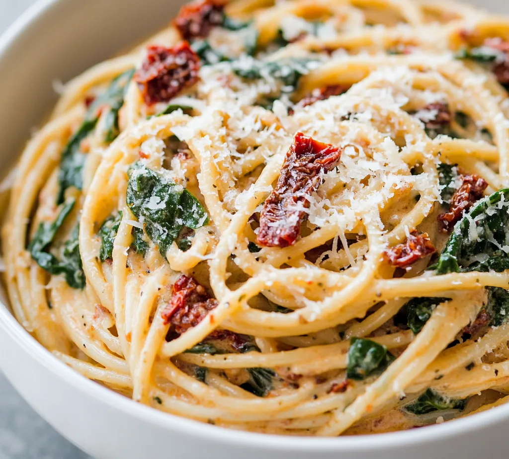Creamy Spinach and Sun-Dried Tomato Spaghetti Delight is a comforting yet elegant pasta dish that brings together a symphony of flavors. The combination of fresh spinach, rich sun-dried tomatoes, and a luscious cream sauce creates a delightful meal that can easily be enjoyed on a relaxed weeknight or served during a gathering with friends or family. This dish is a fantastic option for those looking for a quick, easy-to-prepare recipe without sacrificing taste or texture.