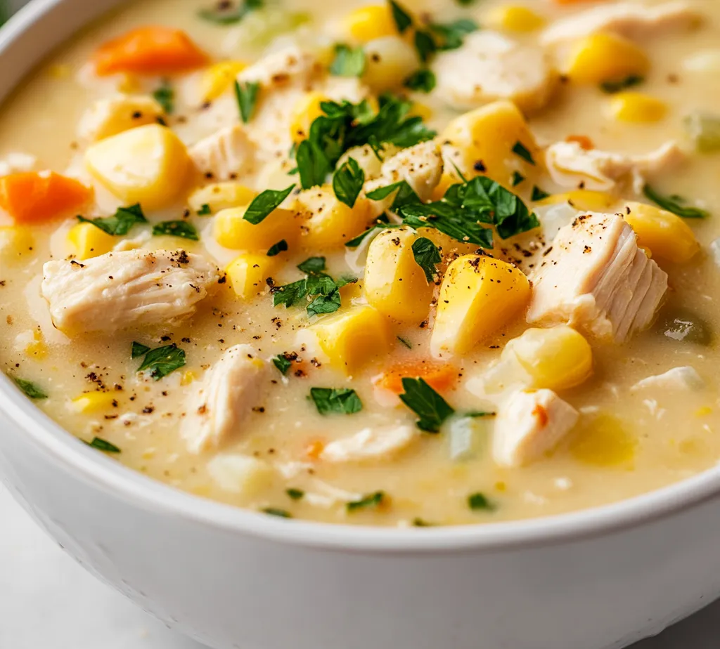 Chowders are a quintessential comfort food, embodying warmth and heartiness in each spoonful. This Creamy Chicken Corn Chowder Delight stands out with its delightful combination of tender chicken, sweet corn, and aromatic vegetables, making it a perfect choice for cozy family dinners or chilly evenings. The creamy texture and the rich medley of flavors are sure to provide comfort and satisfaction to all.