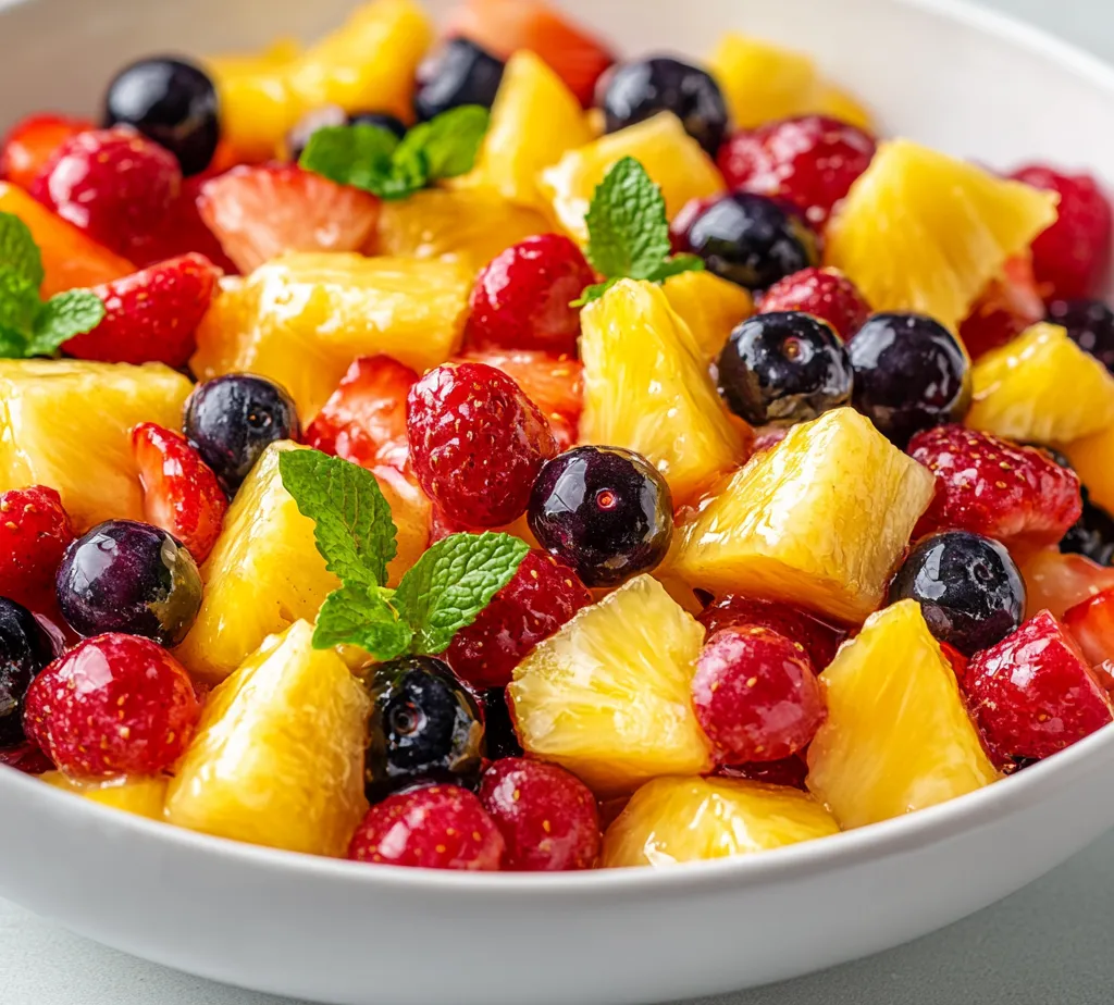 Pineapple Berry Bliss is a delightful fruit salad that artfully blends the sweetness of fresh pineapple with an assortment of vibrant berries, awash in a zesty honey-lime dressing. This dish not only tantalizes the taste buds but also delivers a refreshing burst of flavor, making it a perfect addition to any gathering or casual brunch. Imagine a medley of bright strawberries, succulent blueberries, and luscious raspberries, all harmoniously mixed with lively chunks of pineapple. The dish can be enjoyed as a wholesome snack on a hot summer day or as a colorful appetizer before a main course.
