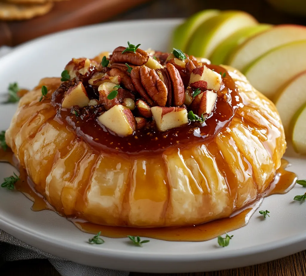 Heavenly Baked Brie with Fig Jam and Pecans is a dish that encapsulates the art of combining savory, sweet, and crunchy elements into one delightful appetizer. This dish features a round of Brie cheese wrapped in golden puff pastry, lavishly adorned with fig jam, coarsely chopped pecans, and a touch of honey. With its warm, melty cheese, sweet fruitiness from the jam, and nutty crunch, it is an impressive starter that captivates the senses and delights your palate.