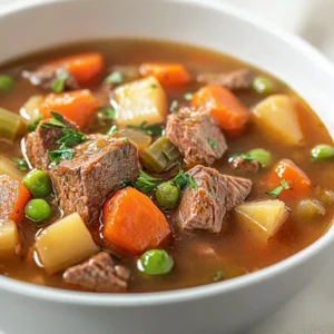 This hearty old-fashioned vegetable beef soup is a timeless dish, perfect for warming up during chilly days. With tender chunks of beef stewing in a rich broth alongside a medley of fresh vegetables, it brings comfort and nourishment in every bowl. The slow simmer allows the flavors to meld, resulting in a soup that’s not only substantial but also rich in taste.