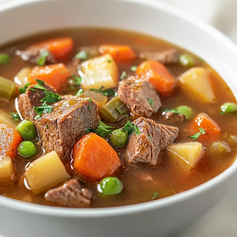This hearty old-fashioned vegetable beef soup is a timeless dish, perfect for warming up during chilly days. With tender chunks of beef stewing in a rich broth alongside a medley of fresh vegetables, it brings comfort and nourishment in every bowl. The slow simmer allows the flavors to meld, resulting in a soup that’s not only substantial but also rich in taste.