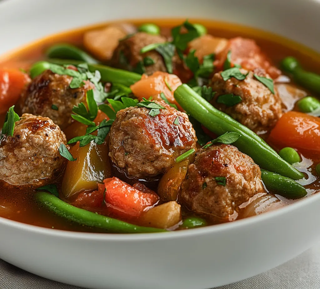 Hearty Meatball Stew is a quintessential comfort food that wraps you in warmth and satisfaction. This dish features tender meatballs swimming in a rich and flavorful broth, complemented by vibrant vegetables, making it the perfect choice for a cozy family meal or a gathering with friends. The infusion of garlic, oregano, and basil elevates the taste to another level, creating a delightful experience that brings everyone to the table.