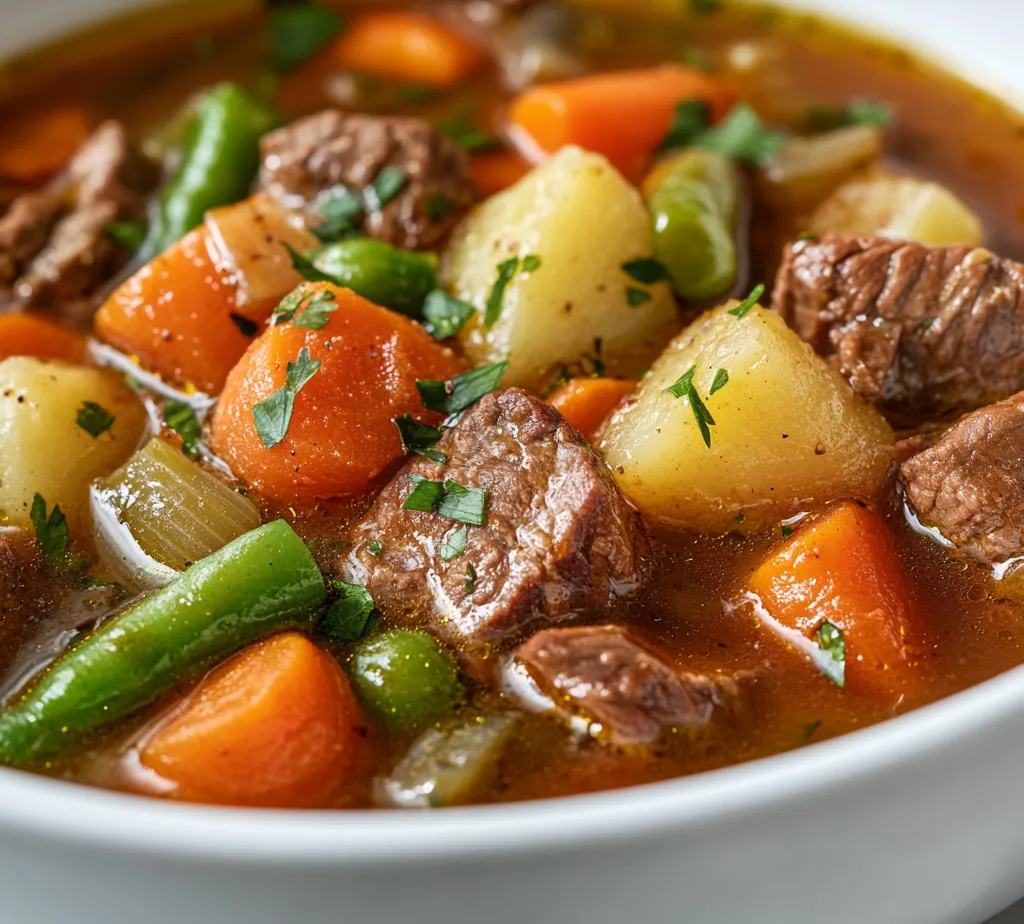 This hearty old-fashioned vegetable beef soup is a timeless dish, perfect for warming up during chilly days. With tender chunks of beef stewing in a rich broth alongside a medley of fresh vegetables, it brings comfort and nourishment in every bowl. The slow simmer allows the flavors to meld, resulting in a soup that’s not only substantial but also rich in taste.