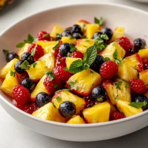 Pineapple Berry Bliss is a delightful fruit salad that artfully blends the sweetness of fresh pineapple with an assortment of vibrant berries, awash in a zesty honey-lime dressing. This dish not only tantalizes the taste buds but also delivers a refreshing burst of flavor, making it a perfect addition to any gathering or casual brunch. Imagine a medley of bright strawberries, succulent blueberries, and luscious raspberries, all harmoniously mixed with lively chunks of pineapple. The dish can be enjoyed as a wholesome snack on a hot summer day or as a colorful appetizer before a main course.