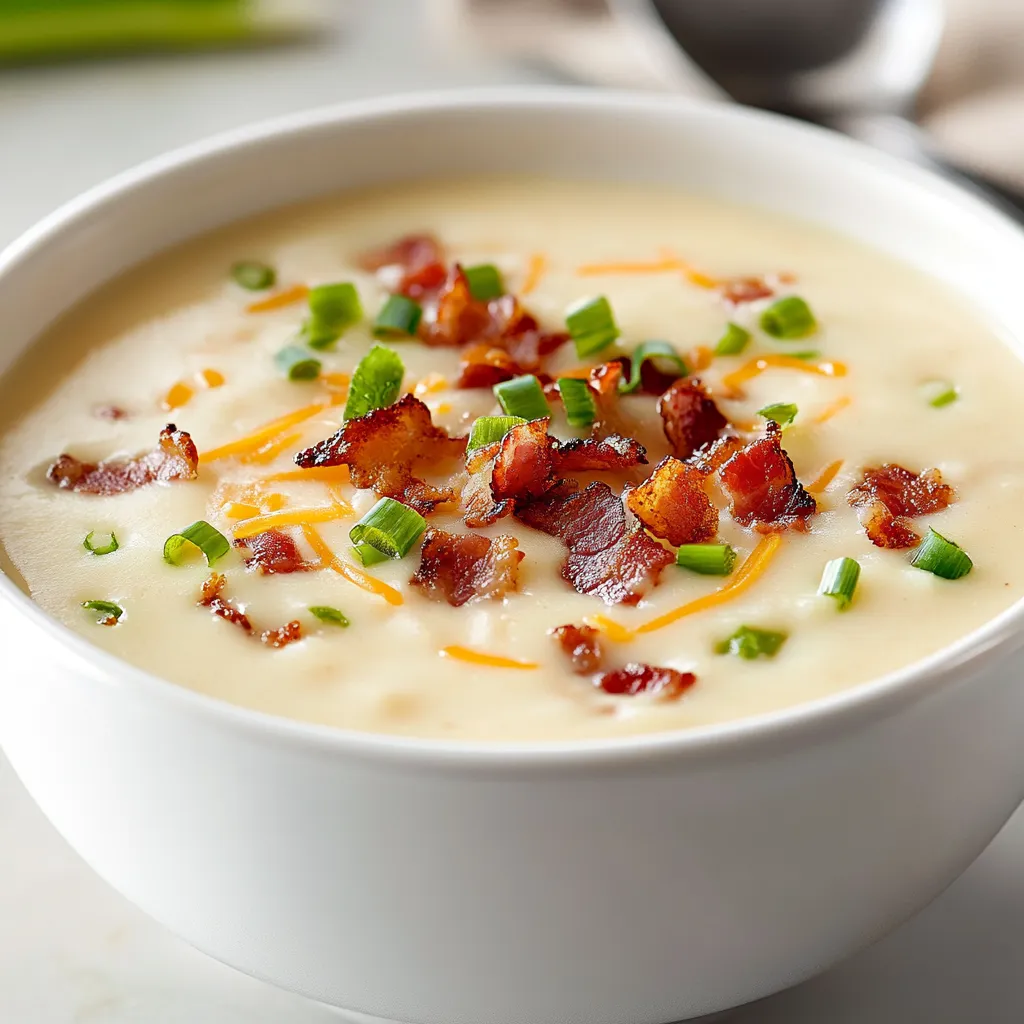 Delightful and hearty, creamy bacon potato soup is a comfort food that warms both body and soul. Combining the luscious richness of crispy bacon with the velvety creaminess of heavy cream and sharp cheddar cheese, this soup is ideal for chilly evenings or as a satisfying lunch option. The layering of flavors from the sautéed onions and garlic enhances the already rich taste of the bacon and cream, creating a hearty dish that invites second servings. Whether you’re seeking a comforting bowl on a quiet night or a special meal for guests, this creamy bacon potato soup is bound to impress.