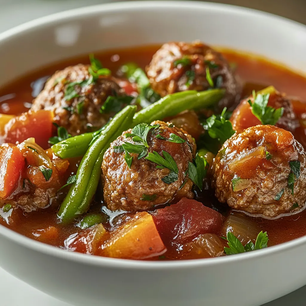 Hearty Meatball Stew is a quintessential comfort food that wraps you in warmth and satisfaction. This dish features tender meatballs swimming in a rich and flavorful broth, complemented by vibrant vegetables, making it the perfect choice for a cozy family meal or a gathering with friends. The infusion of garlic, oregano, and basil elevates the taste to another level, creating a delightful experience that brings everyone to the table.