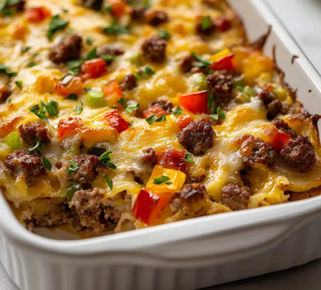 The Cheesy Hashbrown Breakfast Bake Delight is a remarkable and hearty dish that brings together all the beloved breakfast components into a single, effortless bake. This casserole is a fantastic combination of crispy hashbrowns, savory breakfast sausage, and oodles of melted sharp cheddar cheese, all baked to golden perfection. It's designed to be a crowd-pleaser, offering a comforting mix of flavors and textures in every bite. The creamy egg base binds everything together, creating a satisfying dish ideal for breakfast, brunch, or even a cozy dinner.