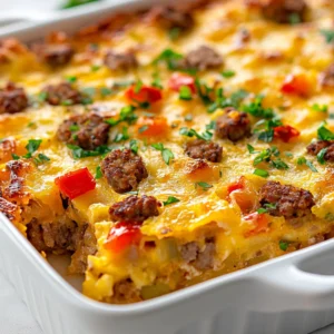 The Cheesy Hashbrown Breakfast Bake Delight is a remarkable and hearty dish that brings together all the beloved breakfast components into a single, effortless bake. This casserole is a fantastic combination of crispy hashbrowns, savory breakfast sausage, and oodles of melted sharp cheddar cheese, all baked to golden perfection. It's designed to be a crowd-pleaser, offering a comforting mix of flavors and textures in every bite. The creamy egg base binds everything together, creating a satisfying dish ideal for breakfast, brunch, or even a cozy dinner.
