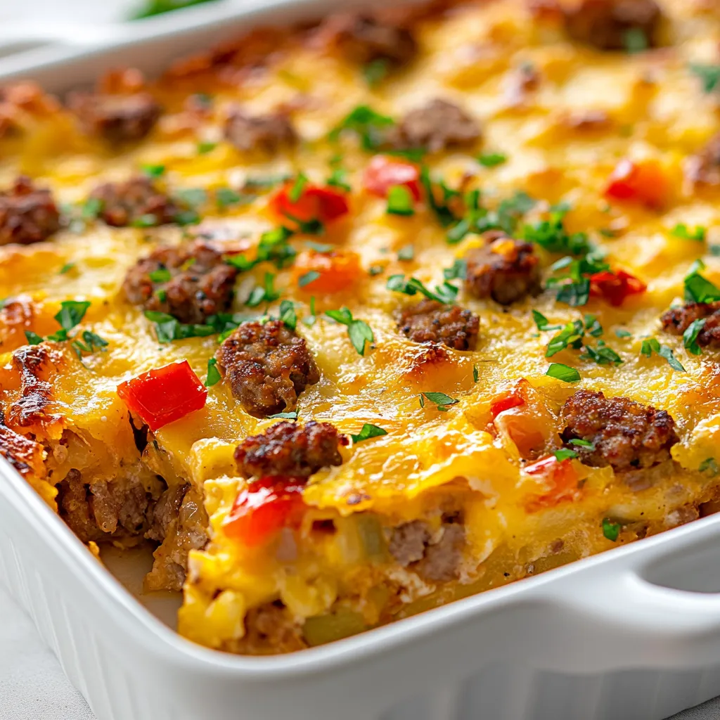 The Cheesy Hashbrown Breakfast Bake Delight is a remarkable and hearty dish that brings together all the beloved breakfast components into a single, effortless bake. This casserole is a fantastic combination of crispy hashbrowns, savory breakfast sausage, and oodles of melted sharp cheddar cheese, all baked to golden perfection. It's designed to be a crowd-pleaser, offering a comforting mix of flavors and textures in every bite. The creamy egg base binds everything together, creating a satisfying dish ideal for breakfast, brunch, or even a cozy dinner.