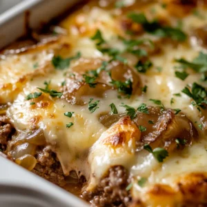 The Savory French Onion Beef Casserole is a starred dish that brilliantly marries the rich, comforting flavors of classic French onion soup with the heartiness of a beef casserole. This dish delivers a delightful umami punch with the sweet, caramelized onions that are an integral part of its make-up. As the aromas of this casserole fill the kitchen, they beckon family and friends to gather around the table for a comforting meal.