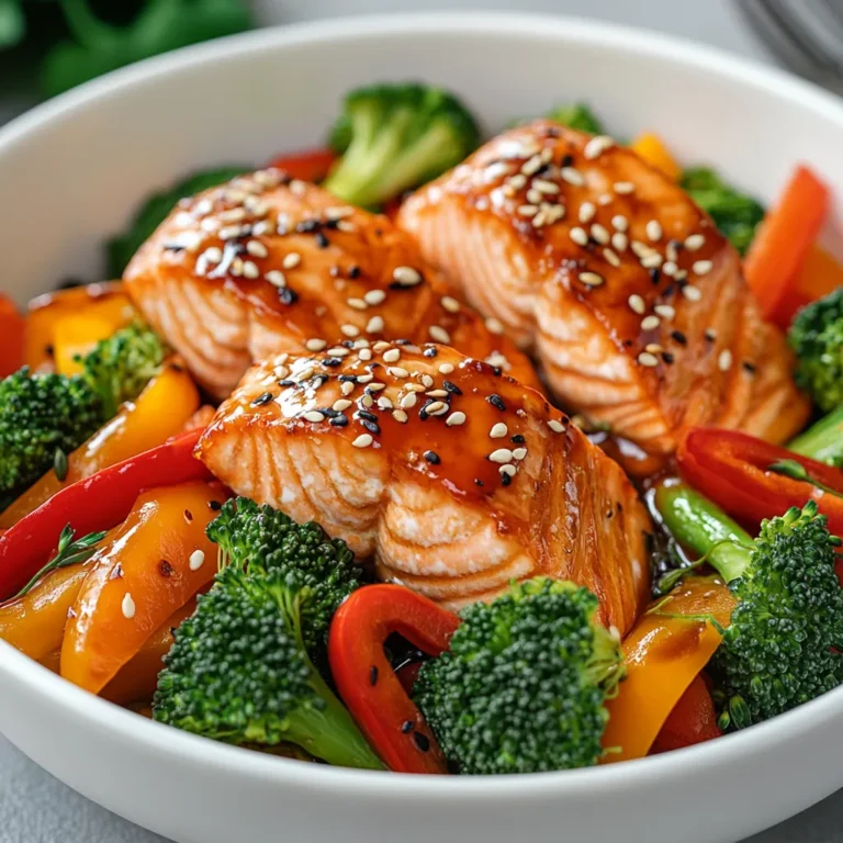 One-Pan Teriyaki Salmon Delight is a delightful dish that perfectly marries the rich, buttery flavor of fresh salmon with the vibrant crunch of sautéed vegetables, all coated in a sweet and savory teriyaki sauce. This dish not only serves as a visual feast but also offers a burst of flavors that are both comforting and invigorating. The combination of fresh salmon fillets, broccoli florets, bell peppers, and carrots makes for a colorful plate that highlights the use of wholesome ingredients.