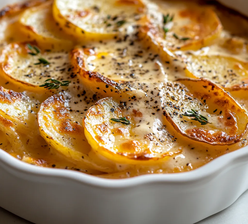 Creamy Cheesy Scalloped Potatoes are a classic American side dish known for their rich flavors and comforting textures. This dish combines thinly sliced russet potatoes layered with a luscious mix of heavy cream, sharp cheddar, and Parmesan cheeses, making it a favorite for family gatherings, holiday dinners, or any occasion that calls for a delicious side. It’s a dish that repeatedly evokes nostalgia and warmth, perfect for ushering in memories of family meals shared around the dinner table.