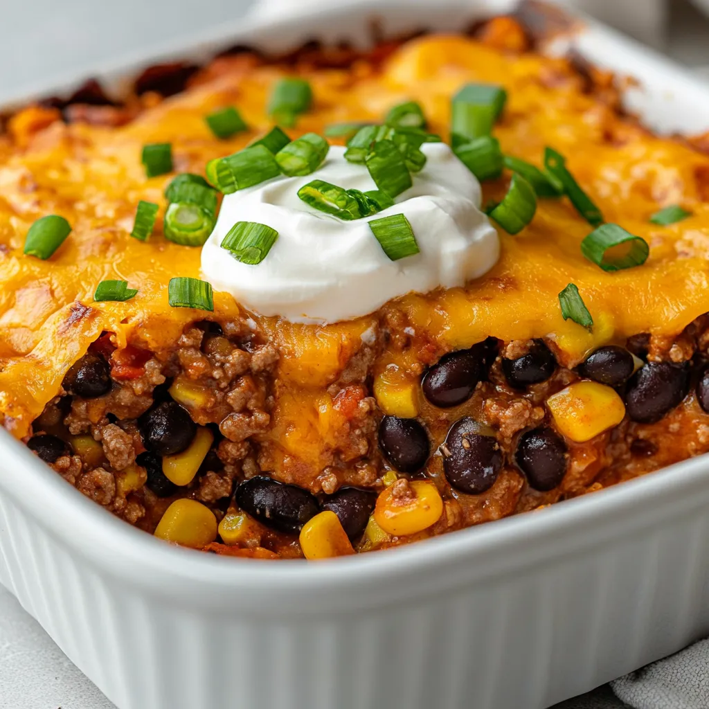 The Savory Walking Taco Casserole Delight is a vibrant and easy-to-make main dish that embodies the flavors of Mexican cuisine. This casserole takes the beloved concept of walking tacos, a popular street food, and transforms it into a hearty, baked delight that is sure to please a crowd. With its rich combination of seasoned meat, fresh beans, corn, and layers of crispy tortilla chips, topped with gooey cheese, it not only satisfies hunger but also excites the palate.