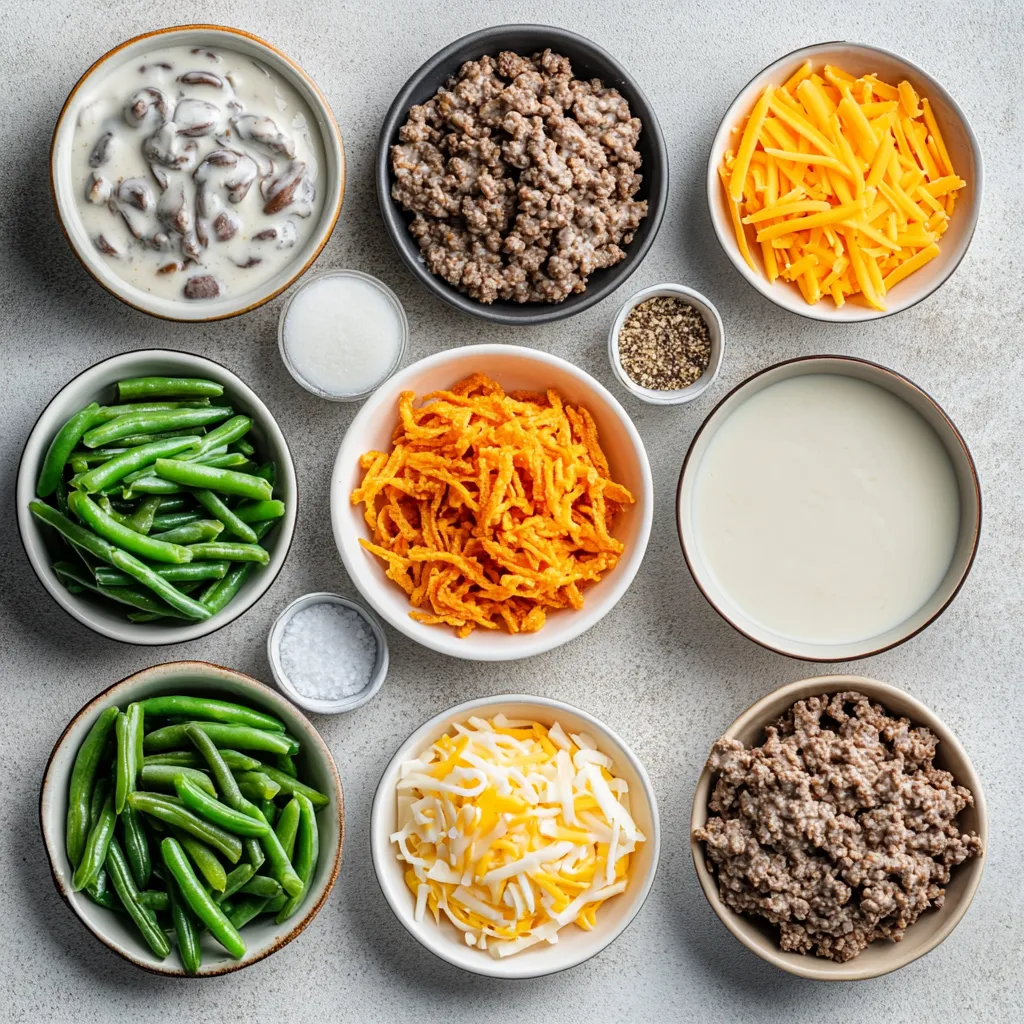 Delve into the comforting world of casseroles with our Savory Hamburger Green Bean Casserole. This dish combines the hearty flavors of ground beef with the freshness of green beans, all enveloped in a creamy mushroom sauce topped with gooey cheddar and crispy fried onions. Perfect for family gatherings or a cozy weeknight dinner, this casserole embodies the essence of American comfort food.