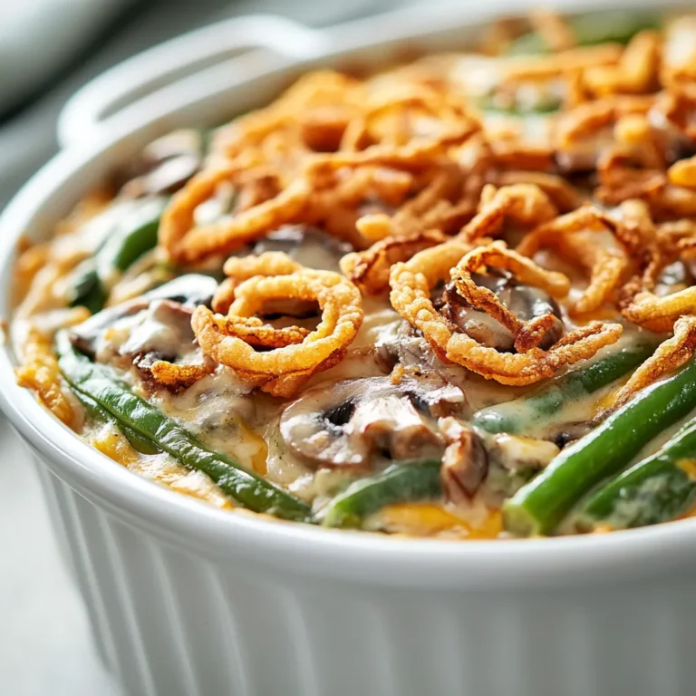 The Savory Green Bean Delight Casserole is a quintessential American side dish that combines simplicity, comfort, and flavor. Bursting with the rich creaminess of mushroom soup and the crunch of fried onions, this casserole is bound to be a hit at any gathering. Perfect for Thanksgiving, family dinners, or casual get-togethers, it brings a deliciously hearty touch to the table. Each bite is an explosion of texture and taste, making it not just a side but a standout feature of any meal.