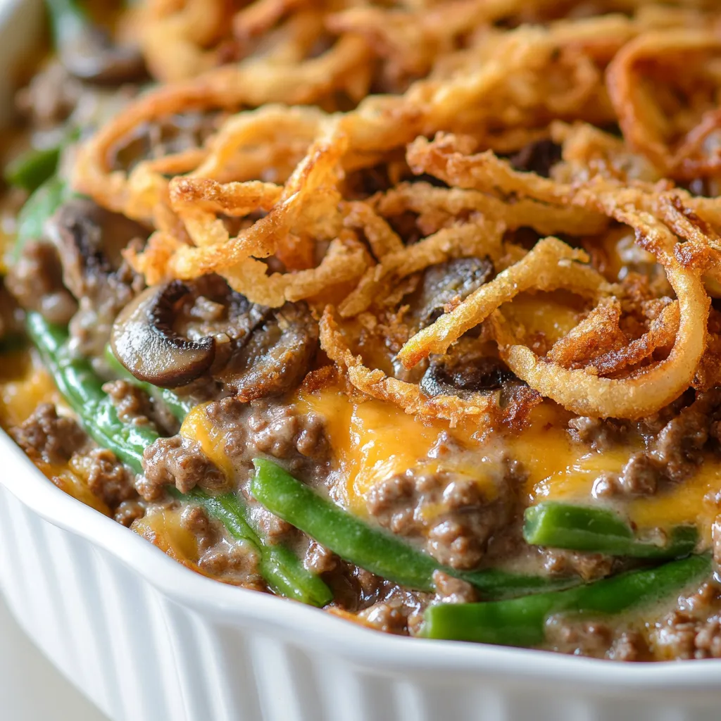 Delve into the comforting world of casseroles with our Savory Hamburger Green Bean Casserole. This dish combines the hearty flavors of ground beef with the freshness of green beans, all enveloped in a creamy mushroom sauce topped with gooey cheddar and crispy fried onions. Perfect for family gatherings or a cozy weeknight dinner, this casserole embodies the essence of American comfort food.