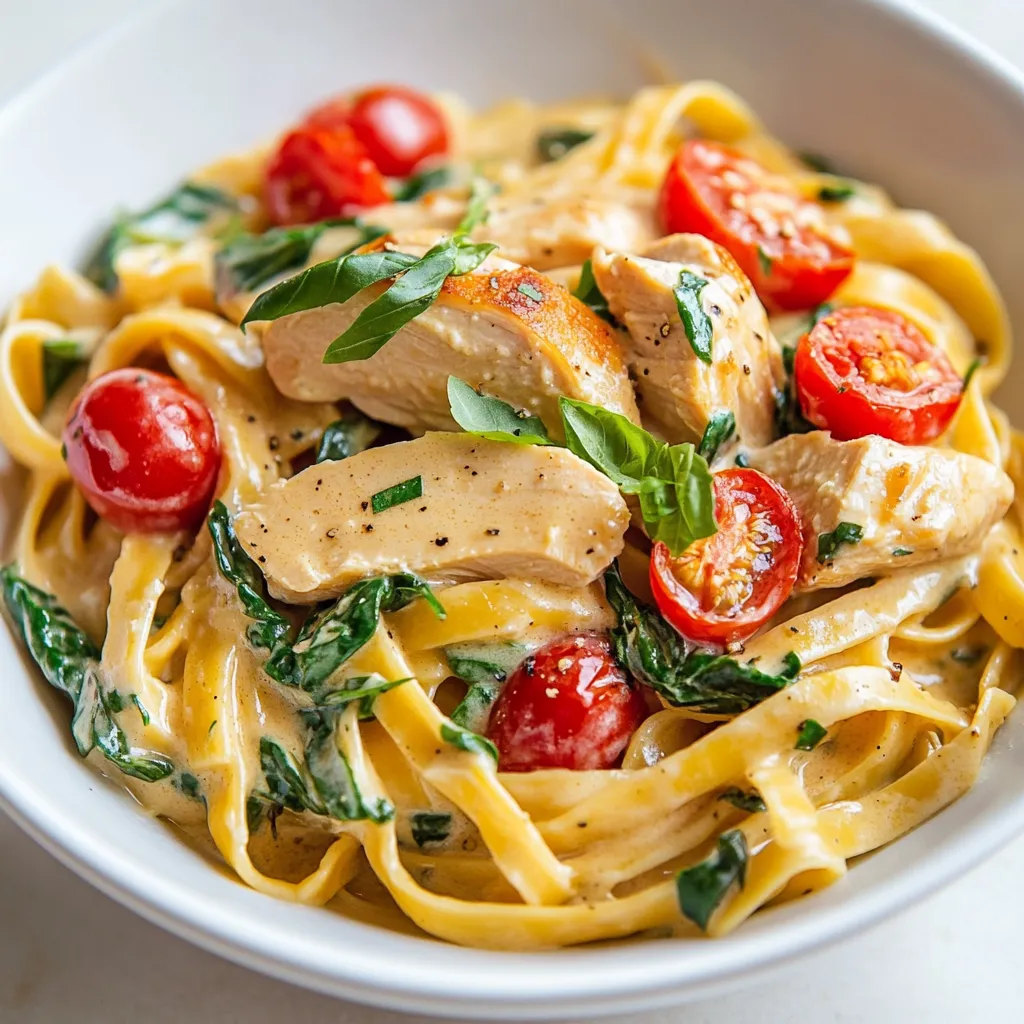 Creamy Tuscan Chicken Pasta Delight is a dish that captivates the senses, offering a rich and flavorful experience that is both comforting and elegant. Enveloping perfectly cooked fettuccine in a luscious sauce made with heavy cream, fresh spinach, and juicy cherry tomatoes, each bite takes you on a delightful culinary journey. The tender chicken breasts, seasoned to perfection, anchor the dish with protein, making it satisfying and hearty.
