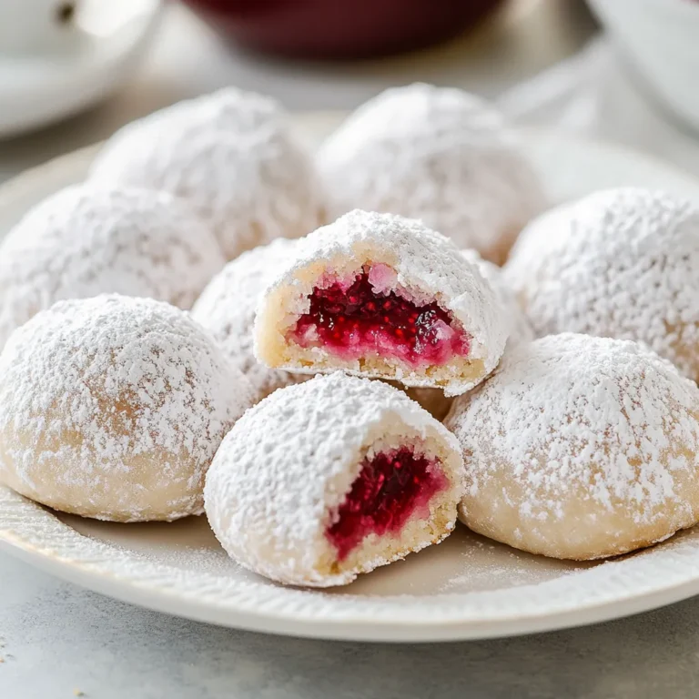Raspberry Almond Snowball Cookies are a delightful treat that seamlessly combines the warm, nutty flavor of almonds with the tart sweetness of raspberry jam. The moment you take a bite, you’ll be enchanted by the soft, buttery texture that seems to melt in your mouth, making each cookie an indulgent experience. These cookies stand out not only for their flavor but also for their charming appearance, often coated in a generous sprinkle of powdered sugar, giving them a lovely snowball-like finish.